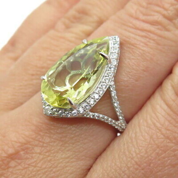 DSMK 925 Sterling Silver Real Pear-Cut Lemon Citrine & White Topaz Ring Size 7 - Picture 2 of 8